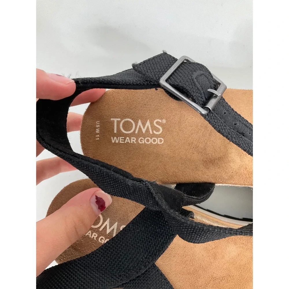 TOMS Diana Black Canvas Platform‎ Wedge Espadrille Sandals Womens 11
